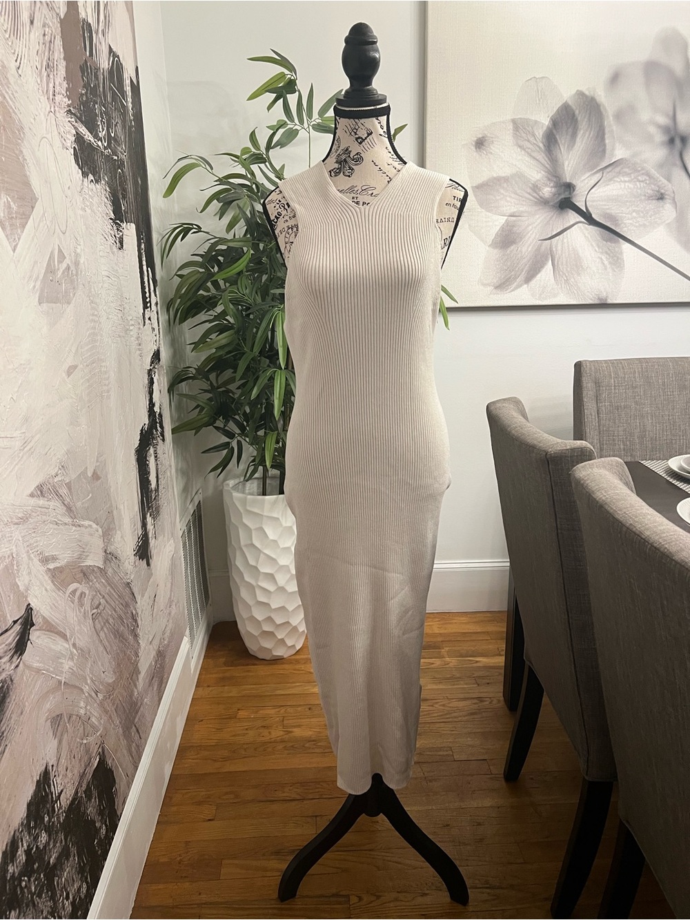 H&M Sleeveless Ribbed Midi Dress in Cream